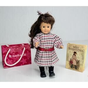 American Girl Samantha Doll Mini 6.5" Glass Eyes Pleasant Co '08 Meet Outfit Bag
